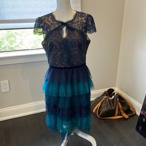 Marchesa Notte lace midi dress.